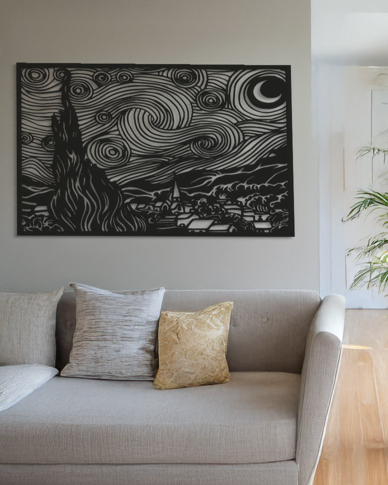 cuadro silueta Van Gogh sobre pared blanca en salón con sofá beige