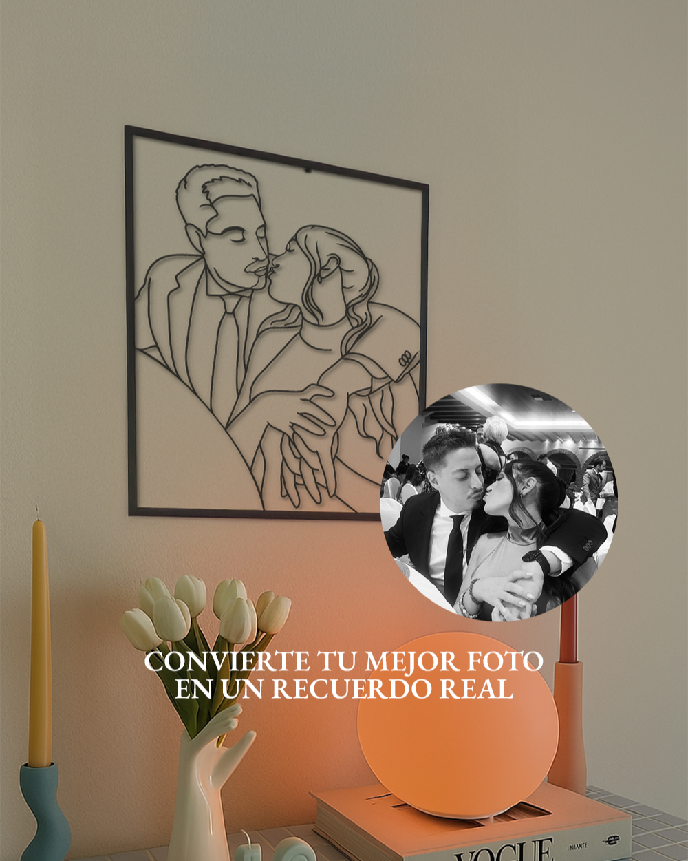 Cuadro decorativo de silueta en madera de una pareja besándose, convertido a partir de una foto real. Texto: “Convierte tu mejor foto en un recuerdo real