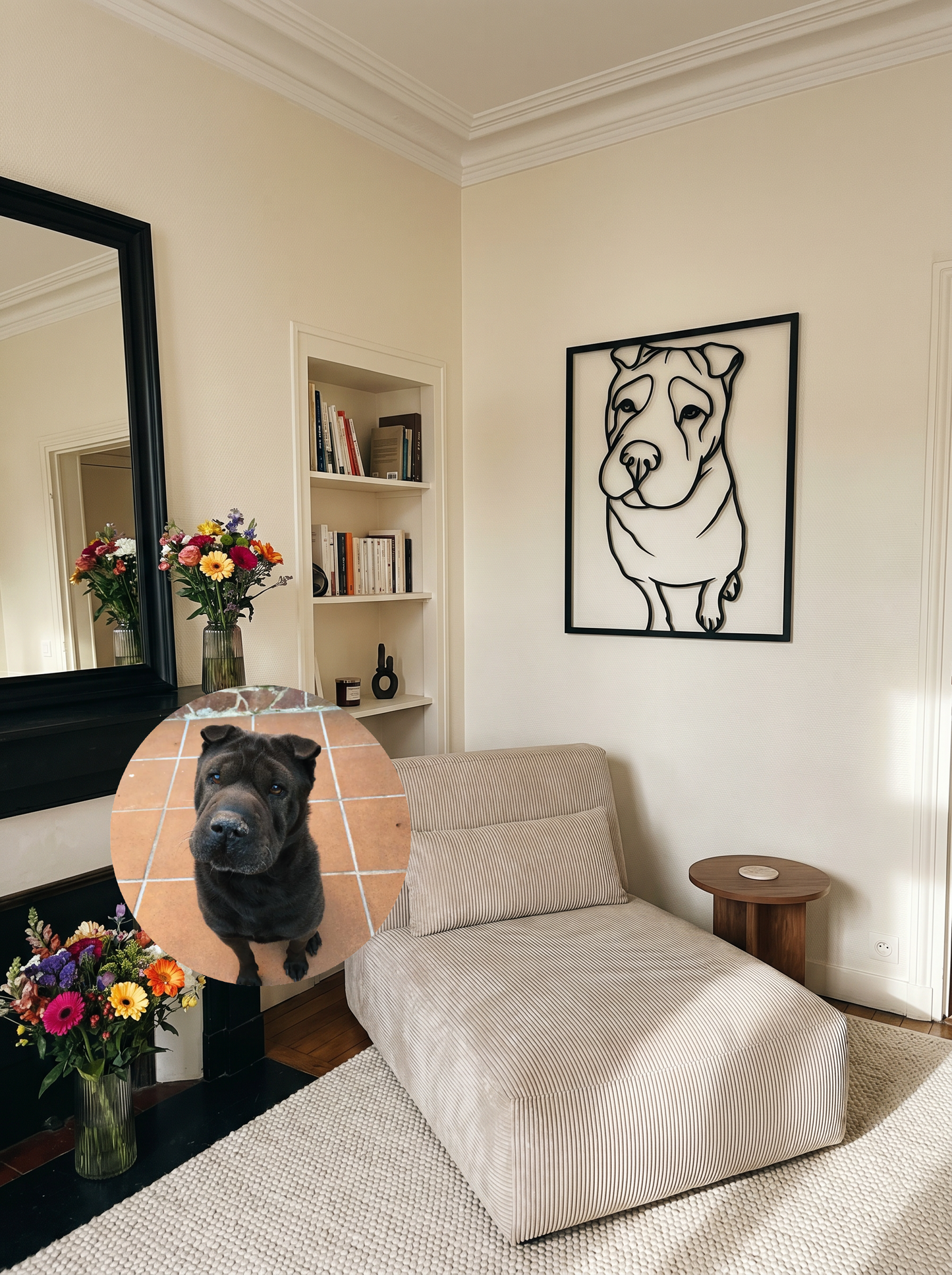Cuadro mascota madera en la pared de un salon con foto original 
