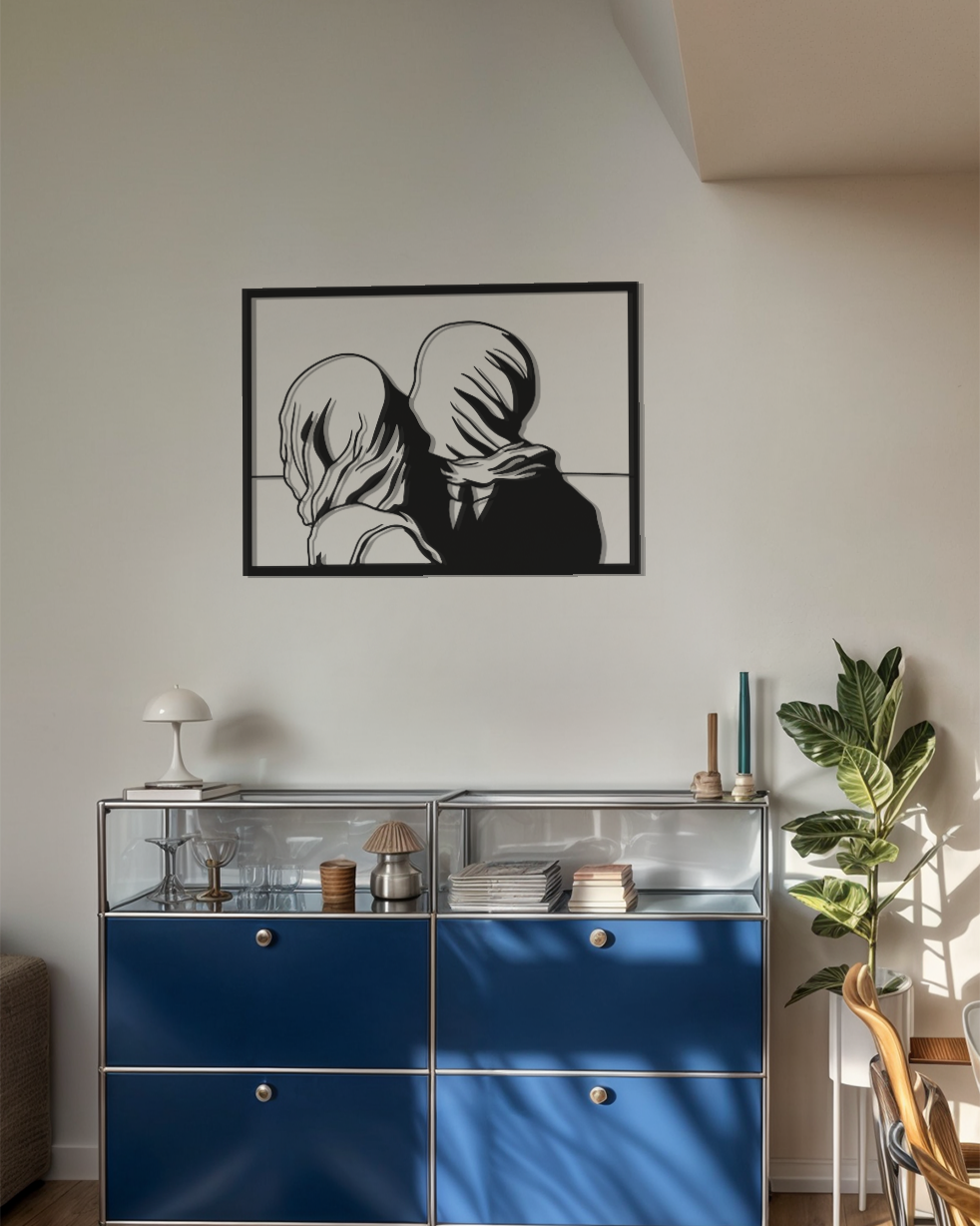 cuadro decorativo silueta magritte sobre estantería madera